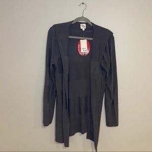 Gray hooded open-front sweater